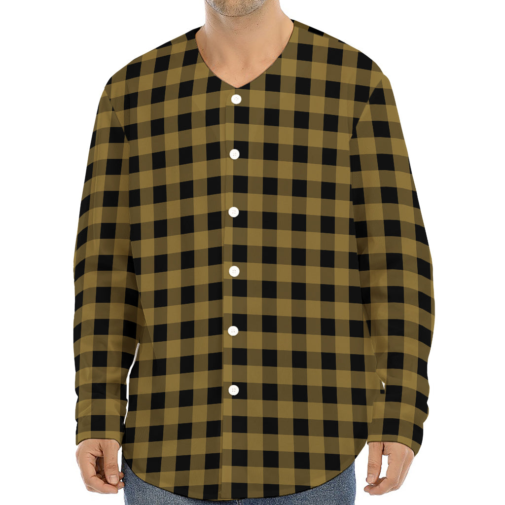 Dark Tan And Black Check Pattern Print Long Sleeve Baseball Jersey