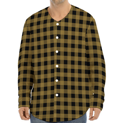 Dark Tan And Black Check Pattern Print Long Sleeve Baseball Jersey