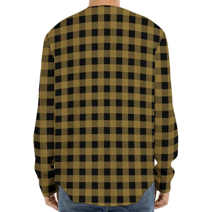 Dark Tan And Black Check Pattern Print Long Sleeve Baseball Jersey