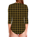 Dark Tan And Black Check Pattern Print Long Sleeve Swimsuit