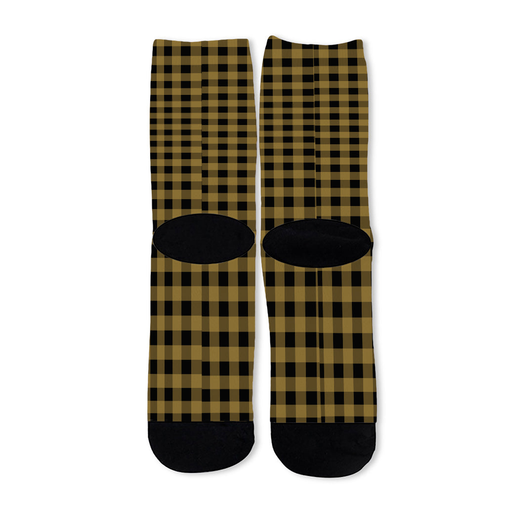 Dark Tan And Black Check Pattern Print Long Socks