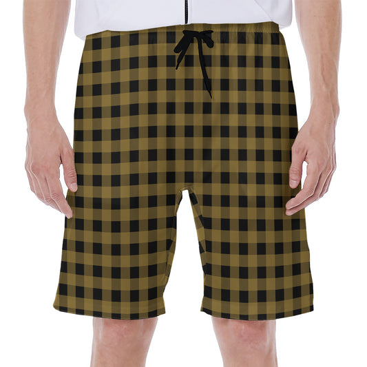 Dark Tan And Black Check Pattern Print Men's Beach Shorts