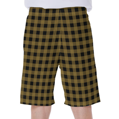 Dark Tan And Black Check Pattern Print Men's Beach Shorts