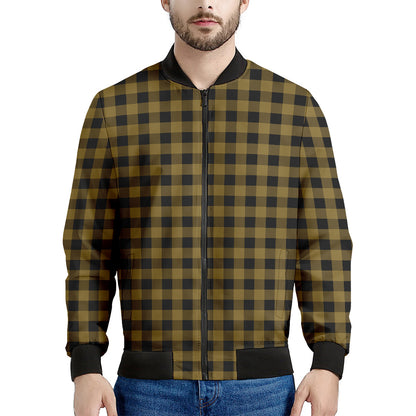 Dark Tan And Black Check Pattern Print Men's Bomber Jacket