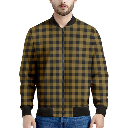 Dark Tan And Black Check Pattern Print Men's Bomber Jacket