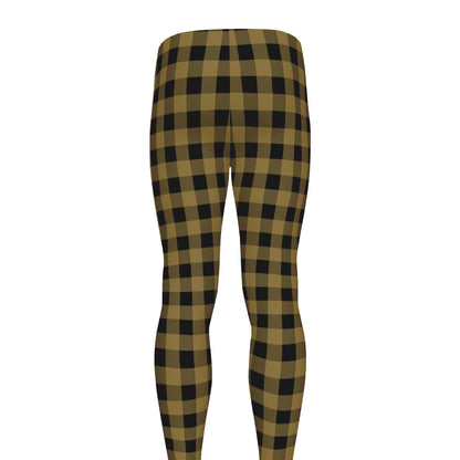 Dark Tan And Black Check Pattern Print Men's leggings