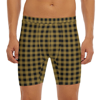 Dark Tan And Black Check Pattern Print Men's Long Boxer Briefs