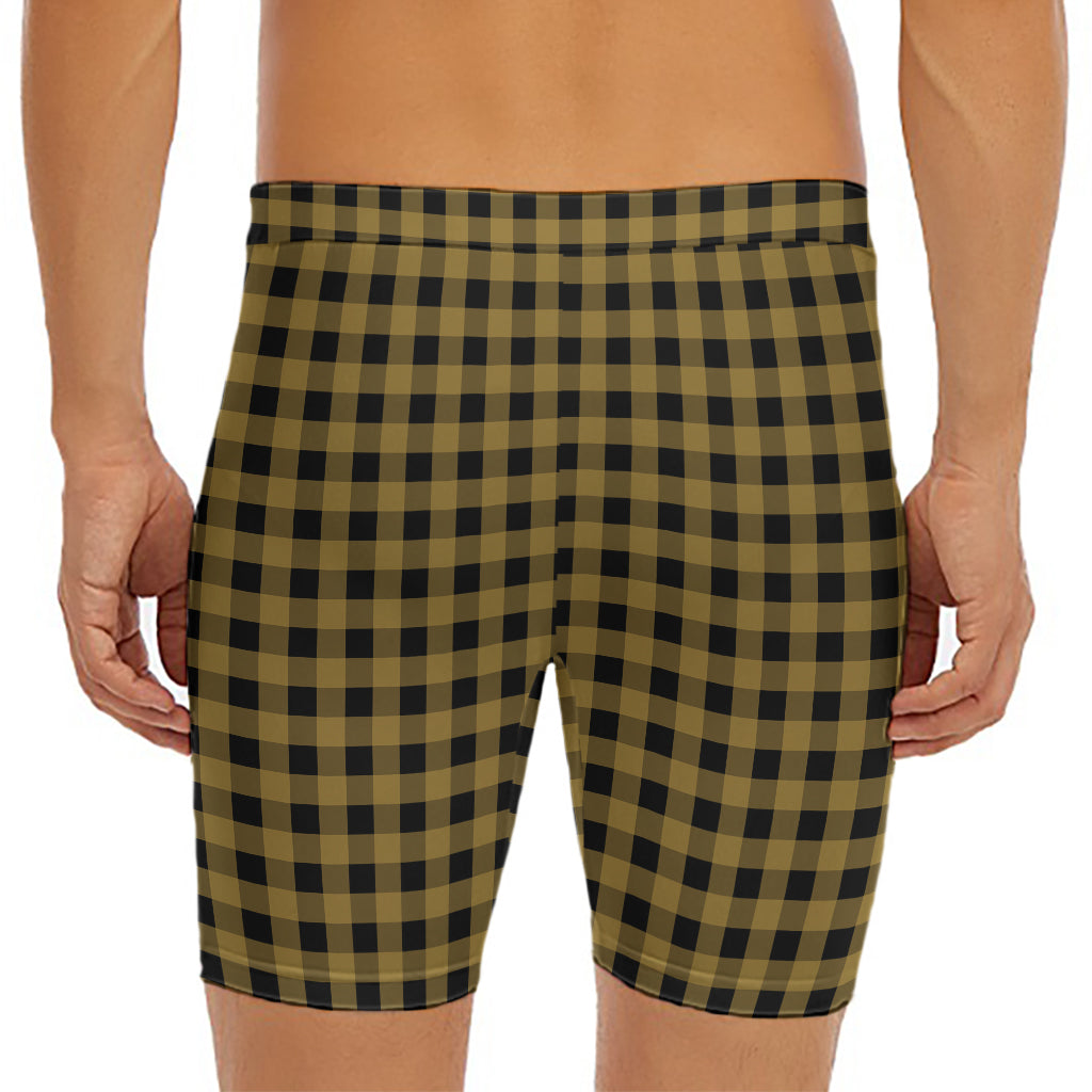 Dark Tan And Black Check Pattern Print Men's Long Boxer Briefs