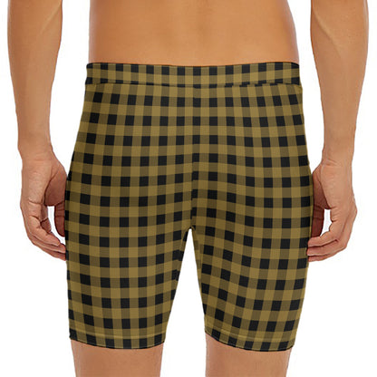 Dark Tan And Black Check Pattern Print Men's Long Boxer Briefs