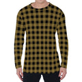 Dark Tan And Black Check Pattern Print Men's Long Sleeve T-Shirt