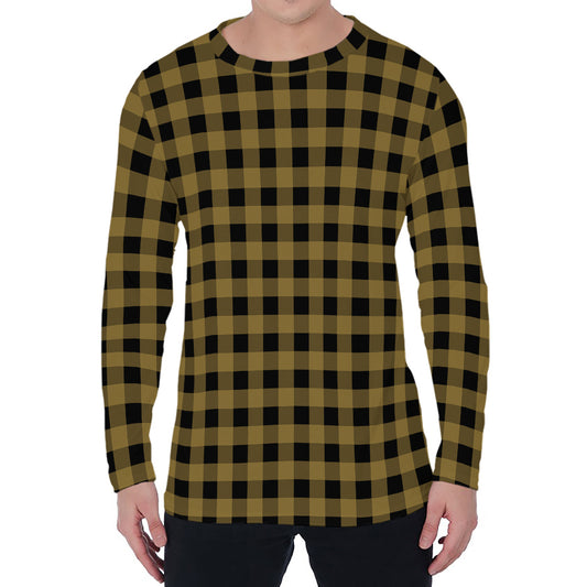 Dark Tan And Black Check Pattern Print Men's Long Sleeve T-Shirt