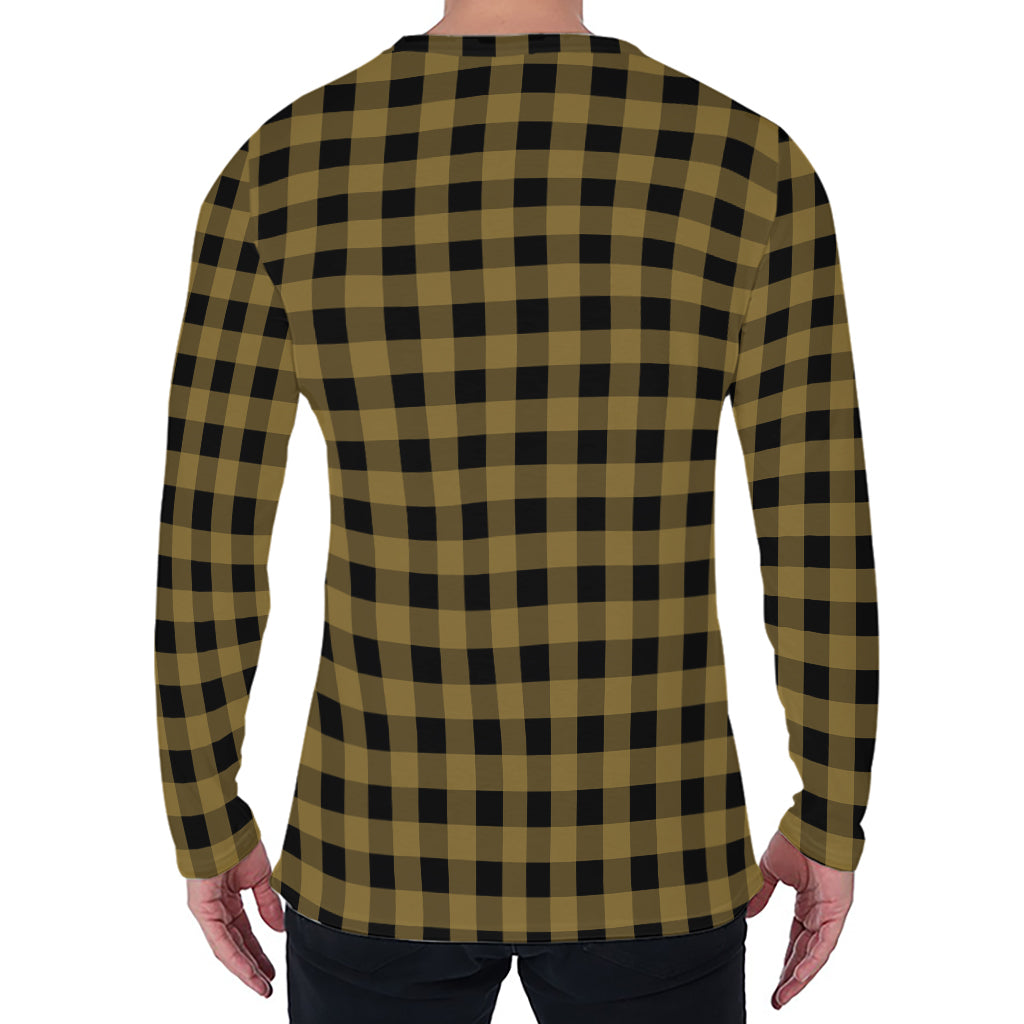 Dark Tan And Black Check Pattern Print Men's Long Sleeve T-Shirt