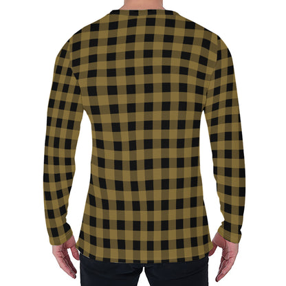 Dark Tan And Black Check Pattern Print Men's Long Sleeve T-Shirt