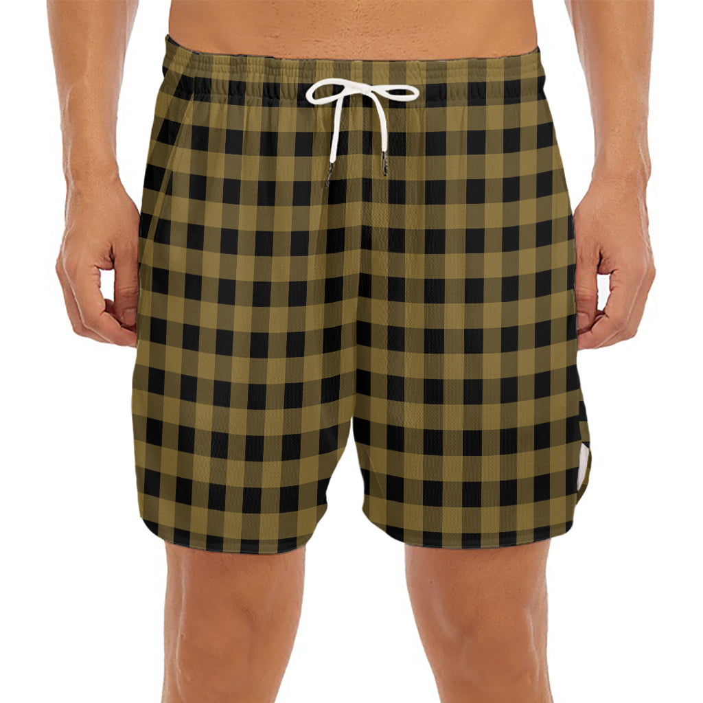 Dark Tan And Black Check Pattern Print Men's Split Running Shorts