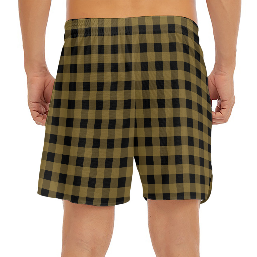 Dark Tan And Black Check Pattern Print Men's Split Running Shorts
