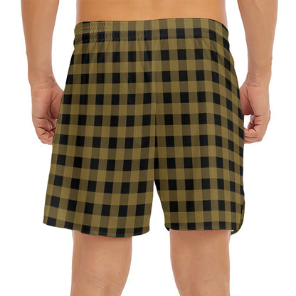 Dark Tan And Black Check Pattern Print Men's Split Running Shorts