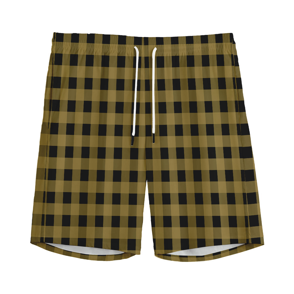 Dark Tan And Black Check Pattern Print Men's Sports Shorts