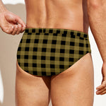 Dark Tan And Black Check Pattern Print Men's Swim Briefs