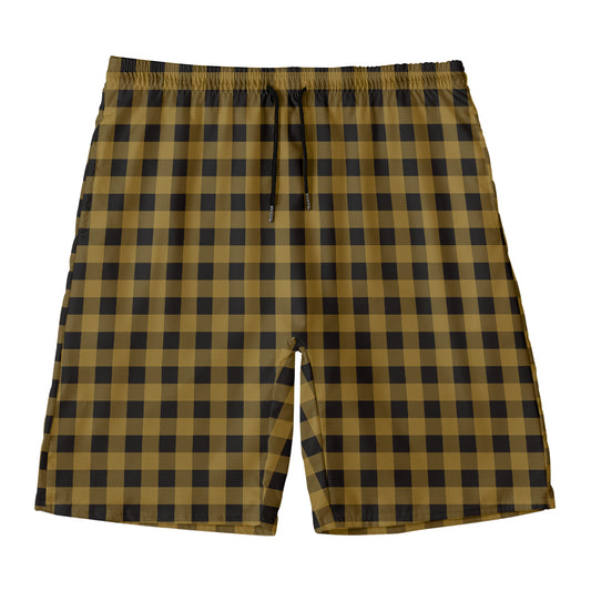 Dark Tan And Black Check Pattern Print Men's Swim Trunks