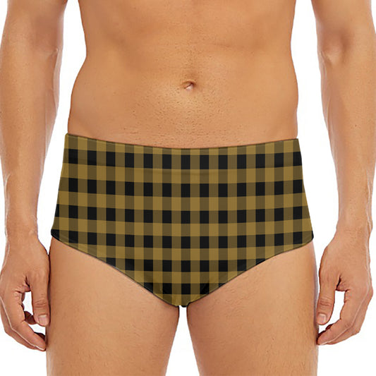 Dark Tan And Black Check Pattern Print Men's Triangle Swim Briefs