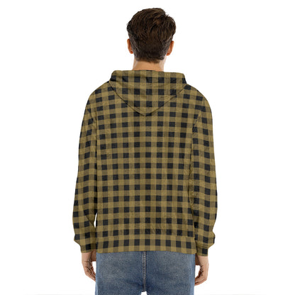 Dark Tan And Black Check Pattern Print Men's Velvet Pullover Hoodie