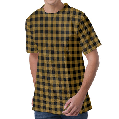 Dark Tan And Black Check Pattern Print Men's Velvet T-Shirt