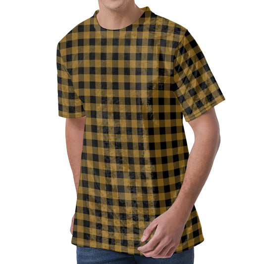 Dark Tan And Black Check Pattern Print Men's Velvet T-Shirt