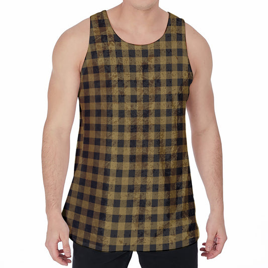 Dark Tan And Black Check Pattern Print Men's Velvet Tank Top