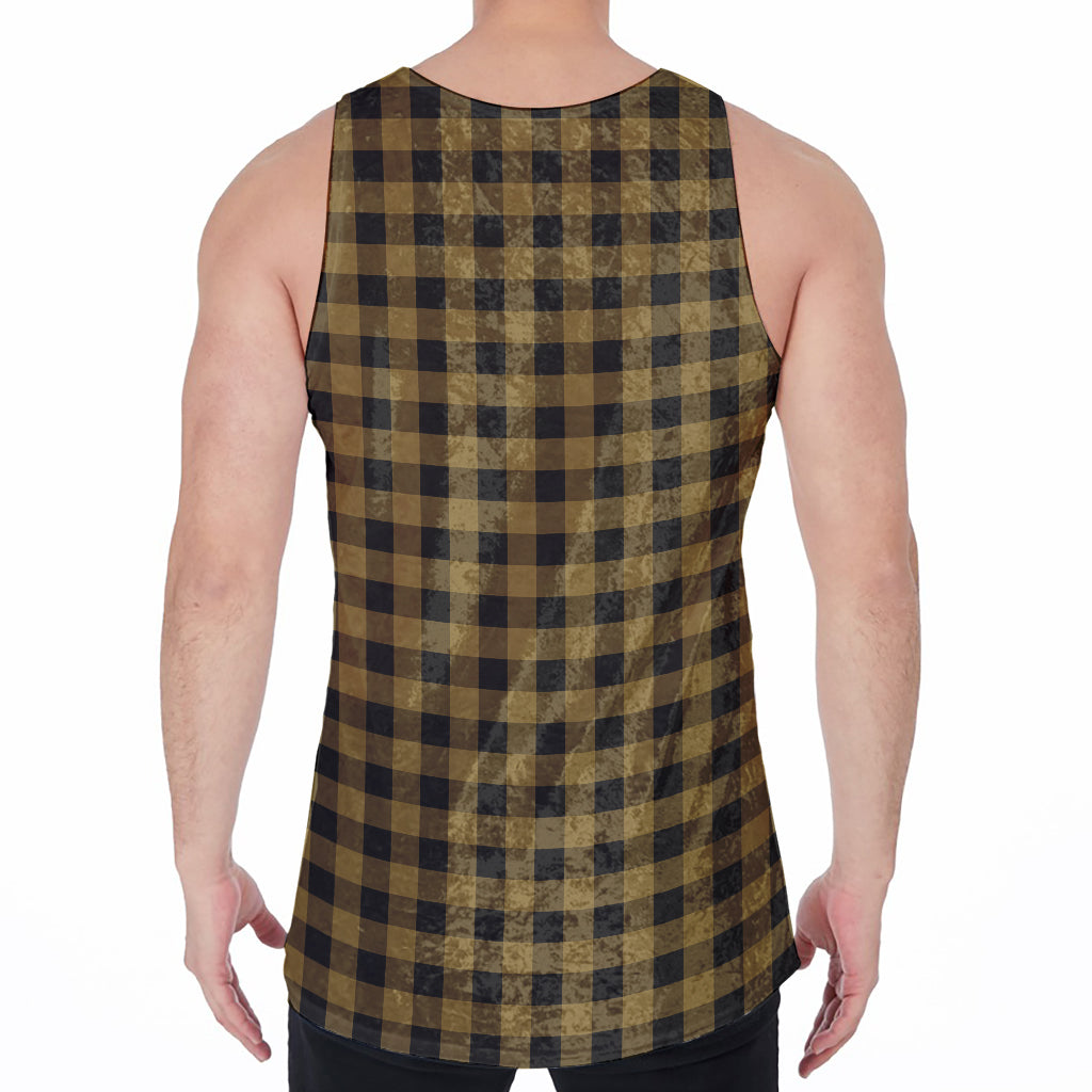 Dark Tan And Black Check Pattern Print Men's Velvet Tank Top