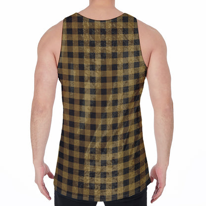 Dark Tan And Black Check Pattern Print Men's Velvet Tank Top