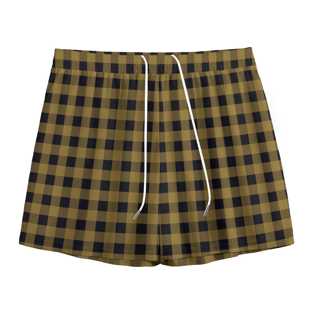 Dark Tan And Black Check Pattern Print Mesh Shorts