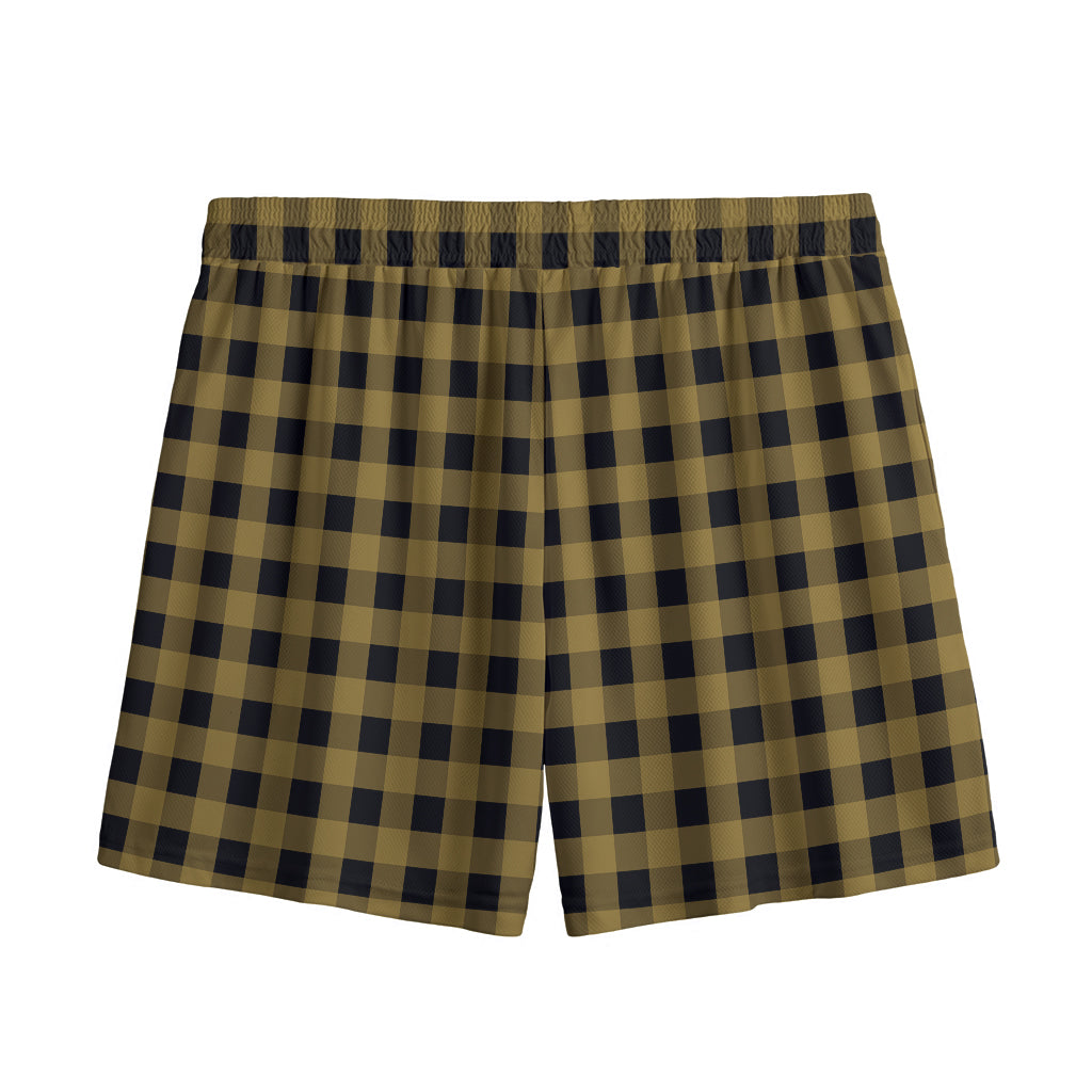 Dark Tan And Black Check Pattern Print Mesh Shorts