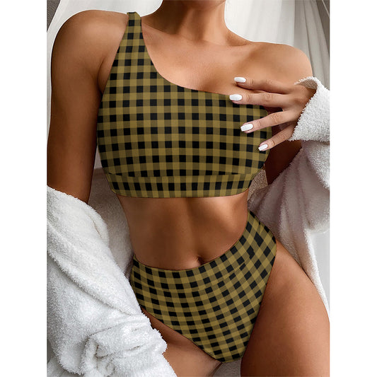 Dark Tan And Black Check Pattern Print One Shoulder Bikini Top