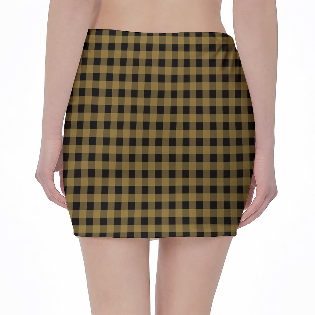 Dark Tan And Black Check Pattern Print Pencil Mini Skirt