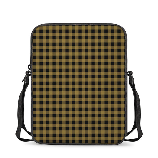 Dark Tan And Black Check Pattern Print Rectangular Crossbody Bag