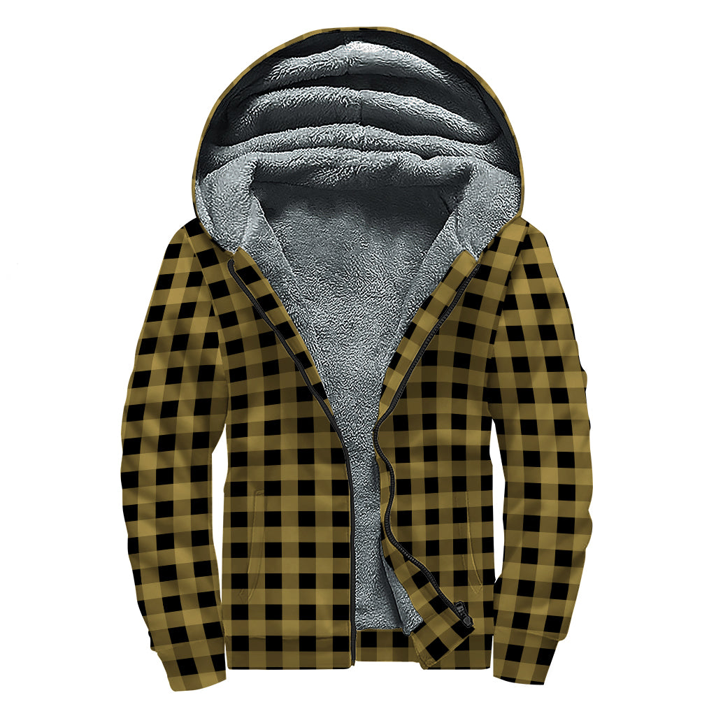 Dark Tan And Black Check Pattern Print Sherpa Lined Zip Up Hoodie