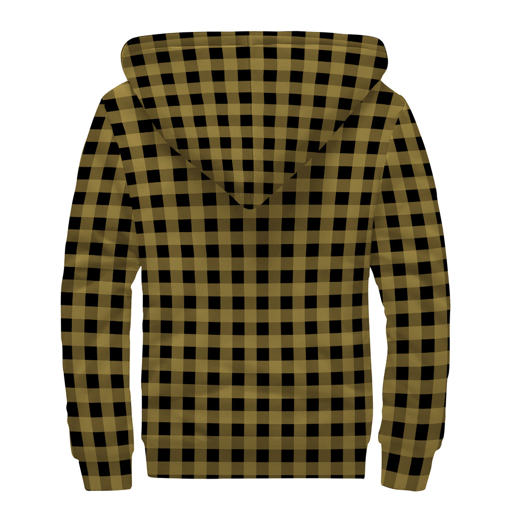 Dark Tan And Black Check Pattern Print Sherpa Lined Zip Up Hoodie