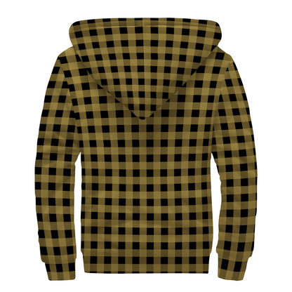 Dark Tan And Black Check Pattern Print Sherpa Lined Zip Up Hoodie