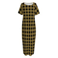 Dark Tan And Black Check Pattern Print Short Sleeve Long Nightdress