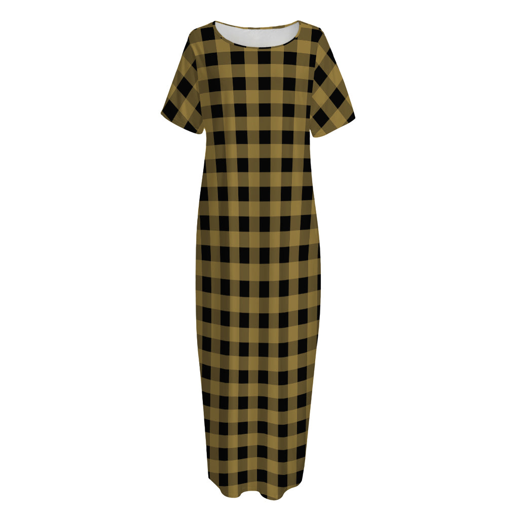Dark Tan And Black Check Pattern Print Short Sleeve Long Nightdress