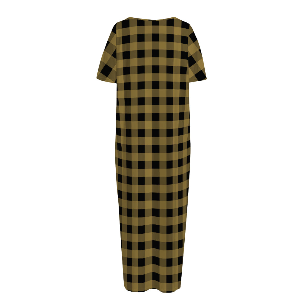 Dark Tan And Black Check Pattern Print Short Sleeve Long Nightdress