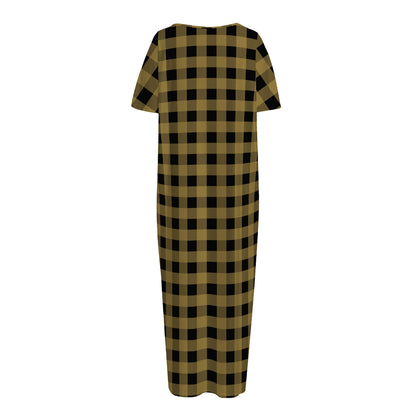 Dark Tan And Black Check Pattern Print Short Sleeve Long Nightdress