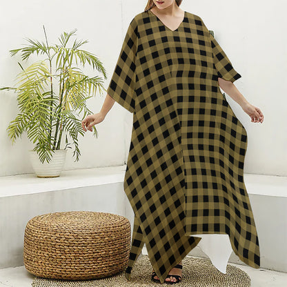 Dark Tan And Black Check Pattern Print Silk V-Neck Kaftan Dress