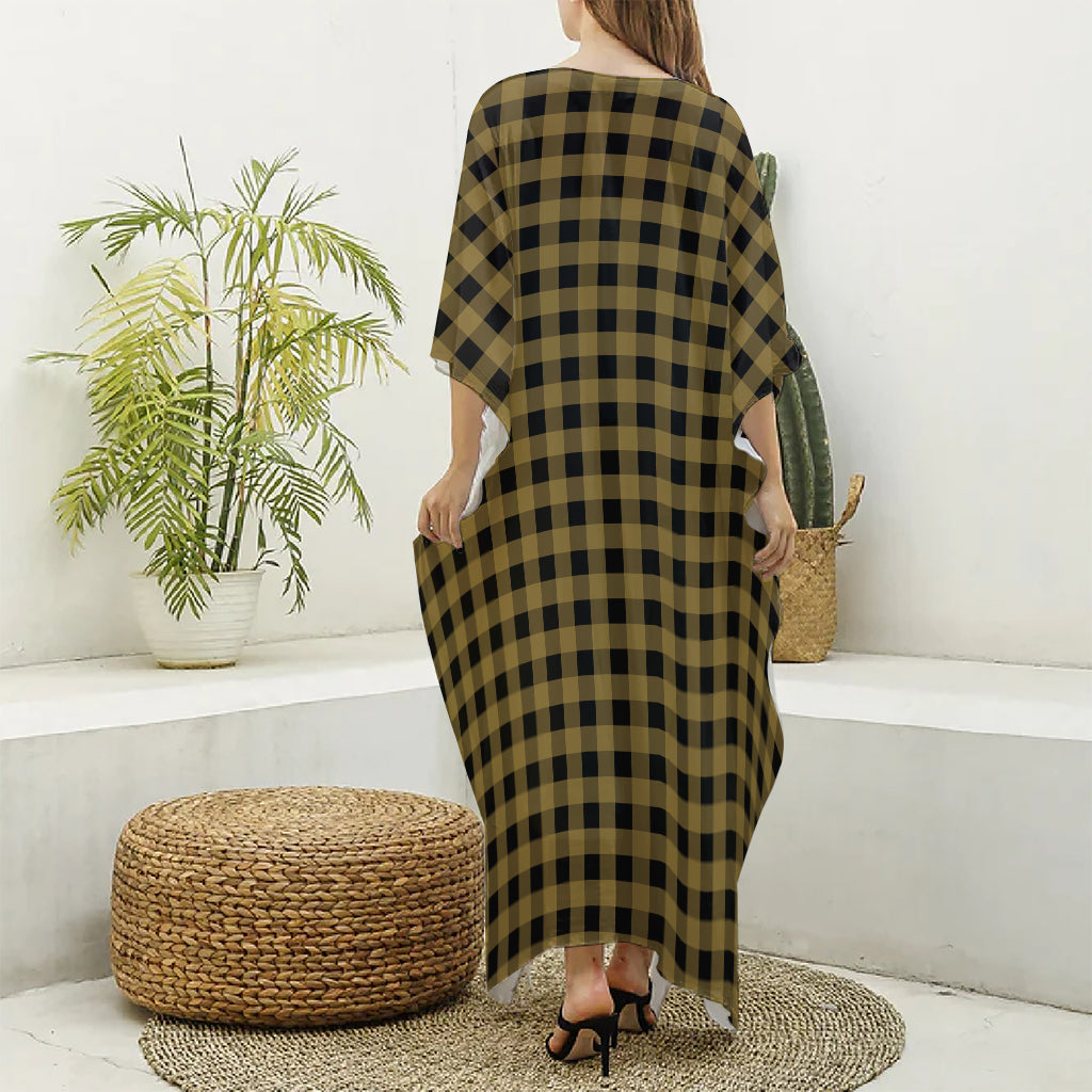 Dark Tan And Black Check Pattern Print Silk V-Neck Kaftan Dress