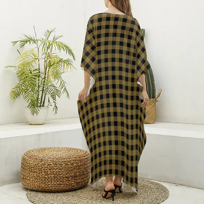 Dark Tan And Black Check Pattern Print Silk V-Neck Kaftan Dress