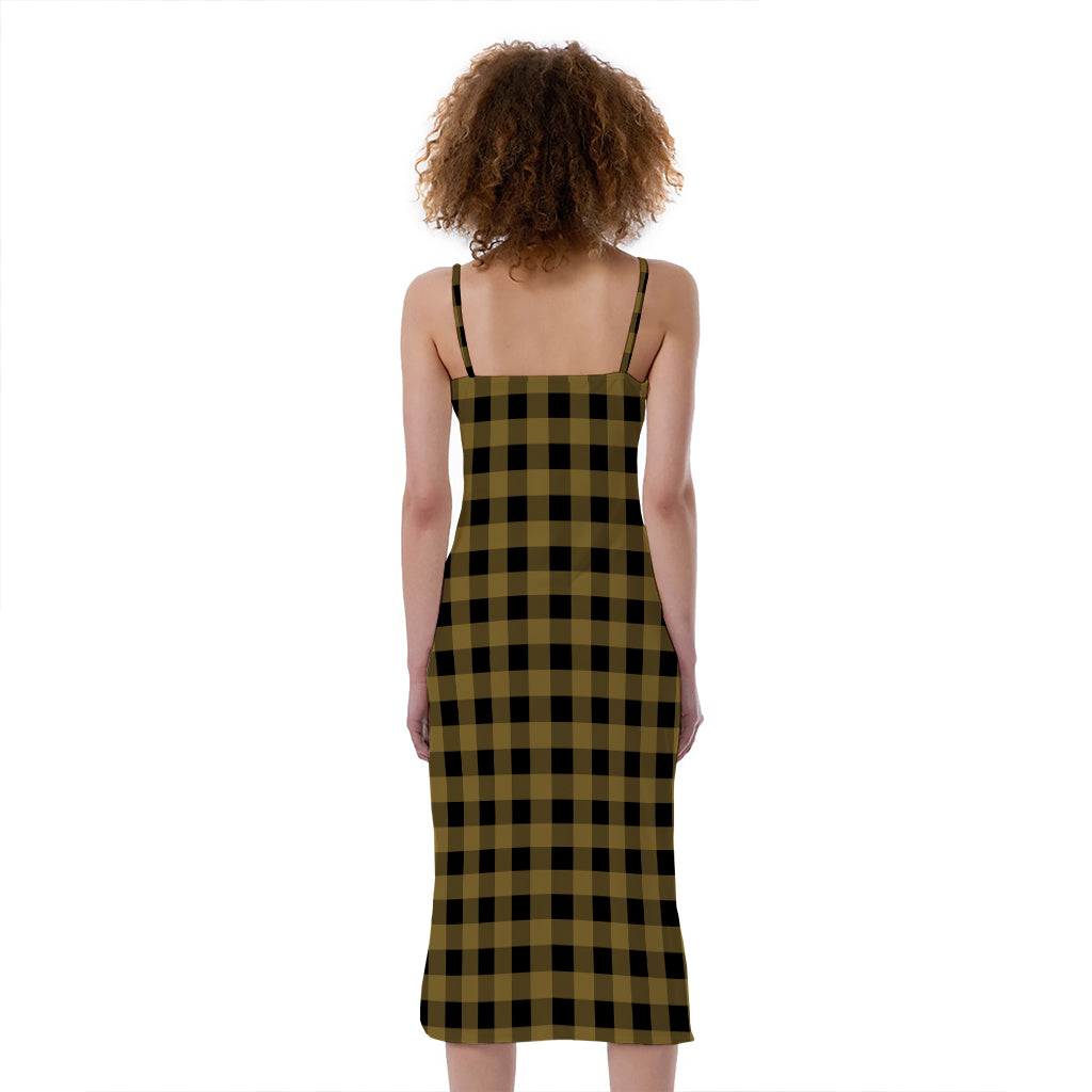 Dark Tan And Black Check Pattern Print Slim Fit Midi Cami Dress