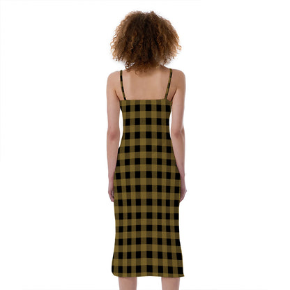 Dark Tan And Black Check Pattern Print Slim Fit Midi Cami Dress