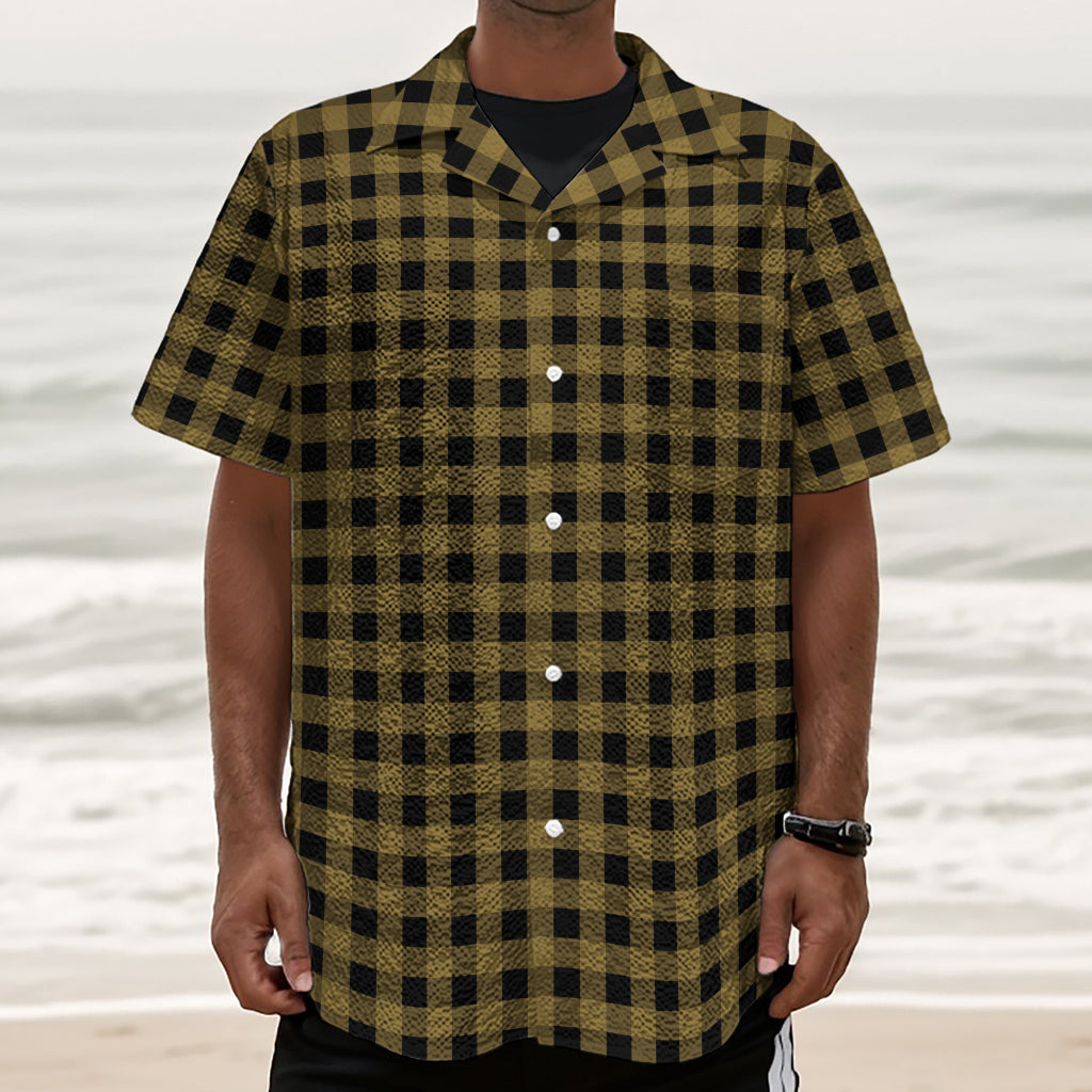 Dark Tan And Black Check Pattern Print Textured Short Sleeve Shirt