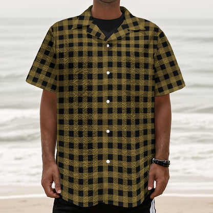 Dark Tan And Black Check Pattern Print Textured Short Sleeve Shirt