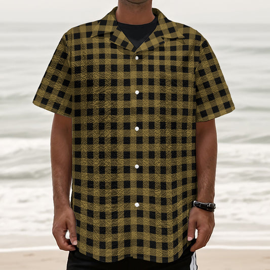Dark Tan And Black Check Pattern Print Textured Short Sleeve Shirt